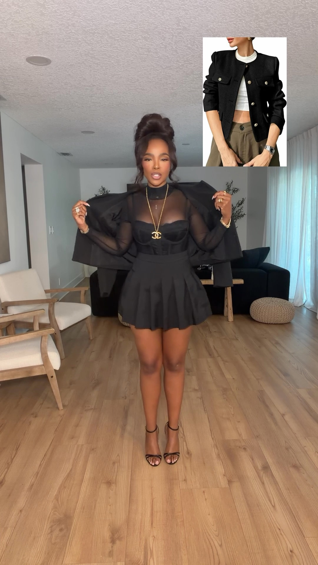 Hi Babes! 🖤✨

This all-black look is classy, elevated, and SO good for nights when you want to make a statement. The sheer corset-style bodysuit paired with the flirty skort is giving chic with just the right amount of edge. I topped it off with a structured jacket for an extra polished vibe!

✨ Fit Details:
• Wearing a Size Small
• True to size
• Sheer mesh corset-style bodysuit
• Flattering pleated skort
• Structured cropped jacket
• Classic black heels to finish the look

🖤 Where to Wear:
• Date night
• Girls' night out
• Dinner & drinks
• Birthday celebrations
• Concerts
• Vacation evenings

✨ Style Tip:
Take the jacket off for a bold evening look, or keep it on for a more polished, sophisticated outfit. Add gold jewelry to make the black really pop.

Everything is linked below!

xx, Kira | IG: KirasFashionFinds

Measurements:
5'4" | Size Small | 140 lbs