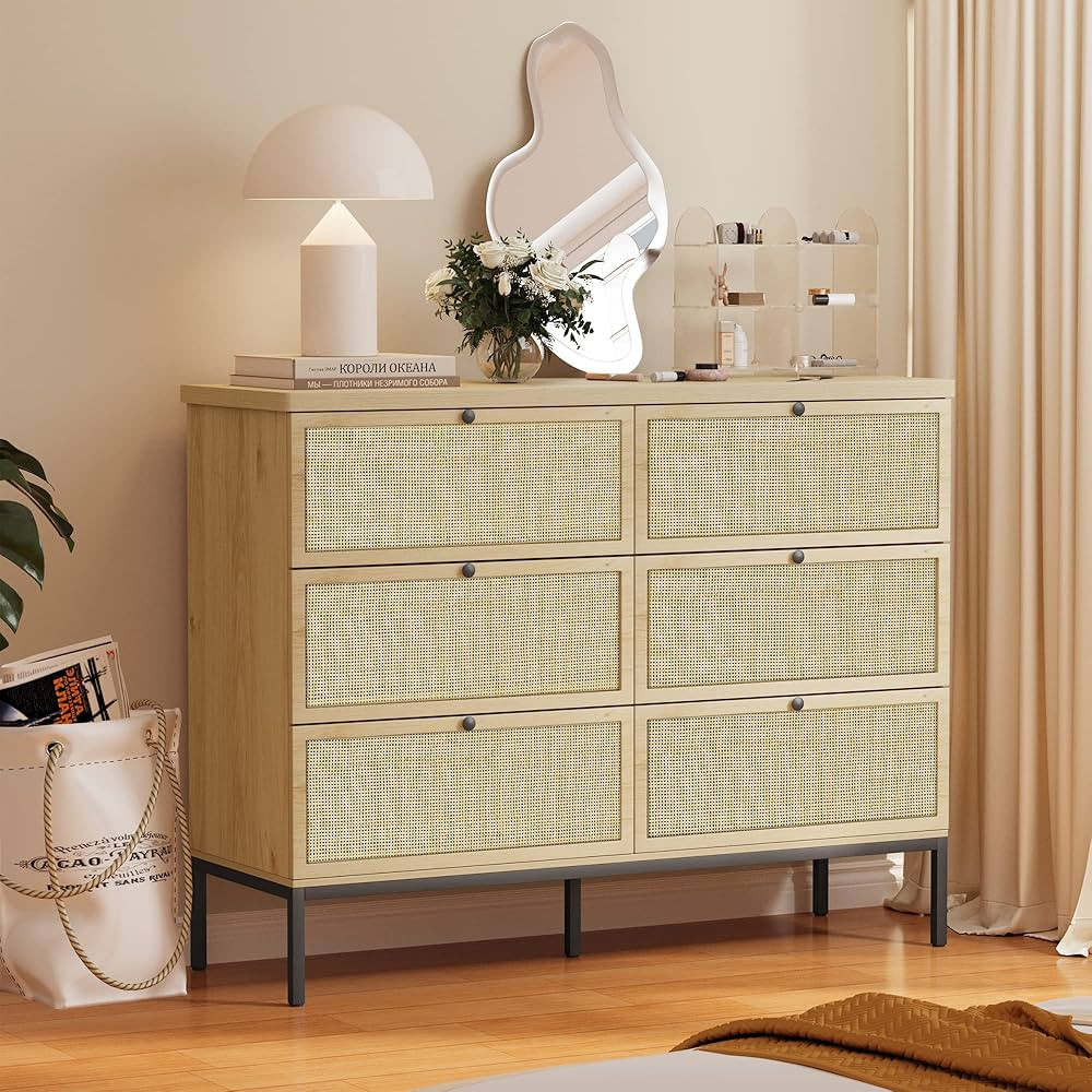 Brafab Natural Rattan 6 Drawer Double Dresser for Bedroom, Industrial Wood Clothing Organizer Dre... | Amazon (US)