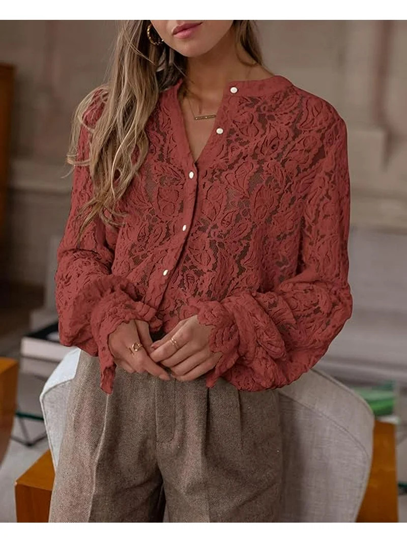 PRETTYGARDEN Women's Dressy Casual Lace Blouse Long Sleeve Button Up Shirts Tops Spring Fall Fash... | Walmart (US)