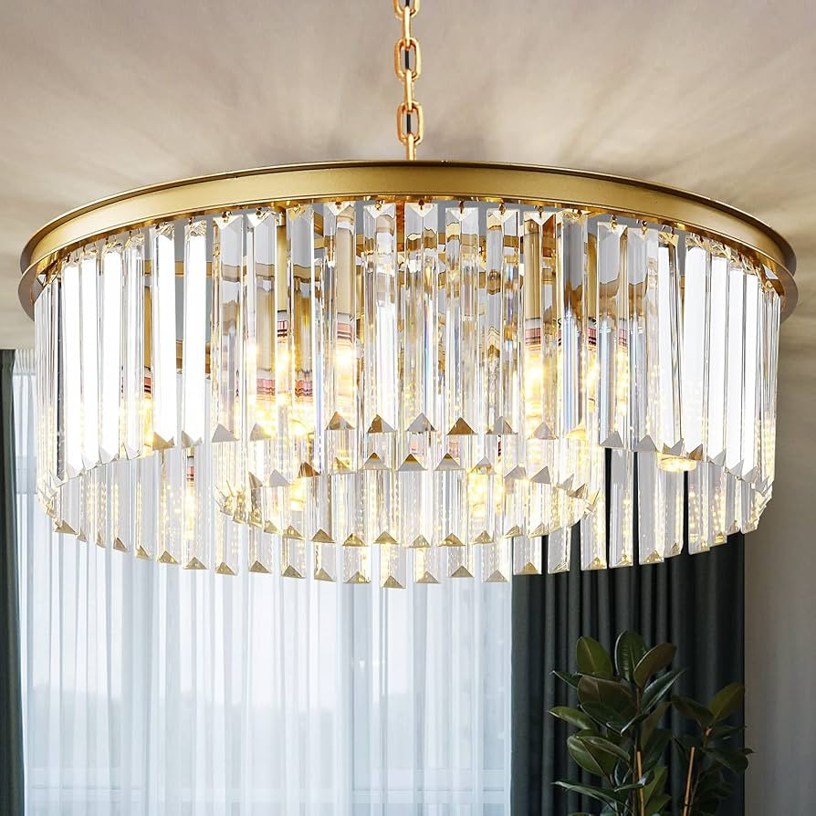 Gold Modern Crystal Chandelier, 2-Tier Round Flush Mount Ceiling Light Fixtures Height Adjustable... | Amazon (US)