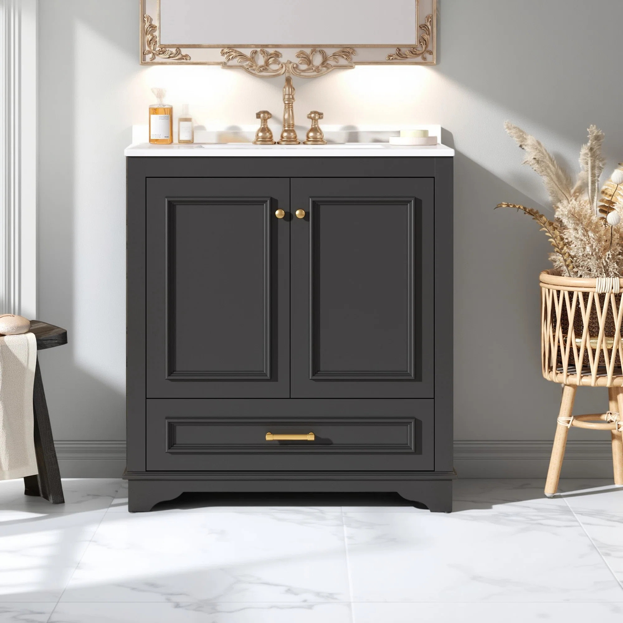 30" Bathroom Vanity with Ceramic Sink, Solid Wood Frame Vanity Cabinet with 2 Soft-Close Doors, C... | Wayfair North America