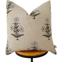 Hand Block Print Linen Pillow Cover Green Floral Design | Etsy (US)