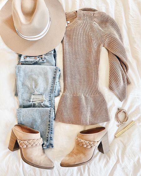 The peplum sweater is an amazon find and mules are a target find! Both true to size.

#LTKunder50 #LTKshoecrush #LTKSeasonal