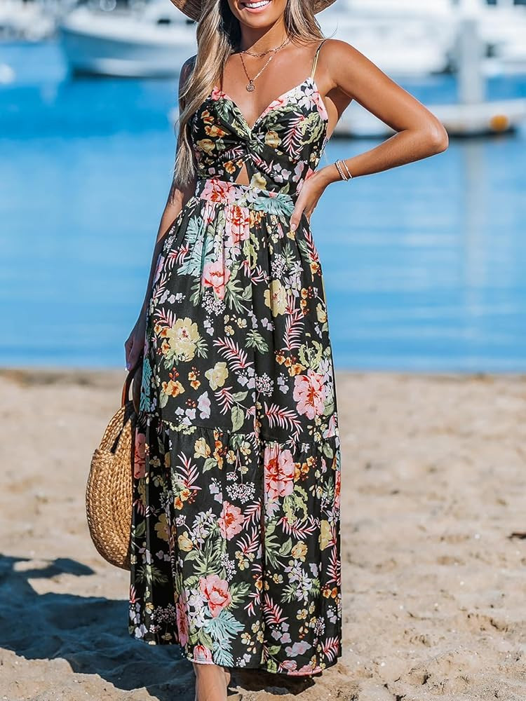 CUPSHE Women's Maxi Dresses Floral Twisted V Neck Sleeveless Formal Ruffled Casual Long Summer Dr... | Amazon (US)