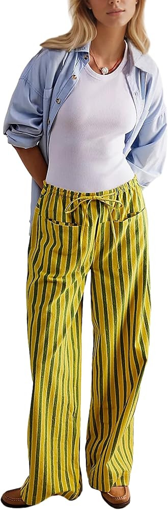 Women Loose Striped Wide Leg Pants Casual Drawstring Low Waist Pants Baggy Contrast Lounge Pants ... | Amazon (US)