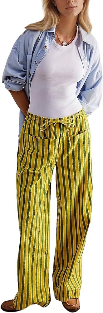 AIHUKOCY Women Drawstring Stripe Wide Leg Casual Trousers Striped Low Rise Casual Loose Lounge Pa... | Amazon (US)