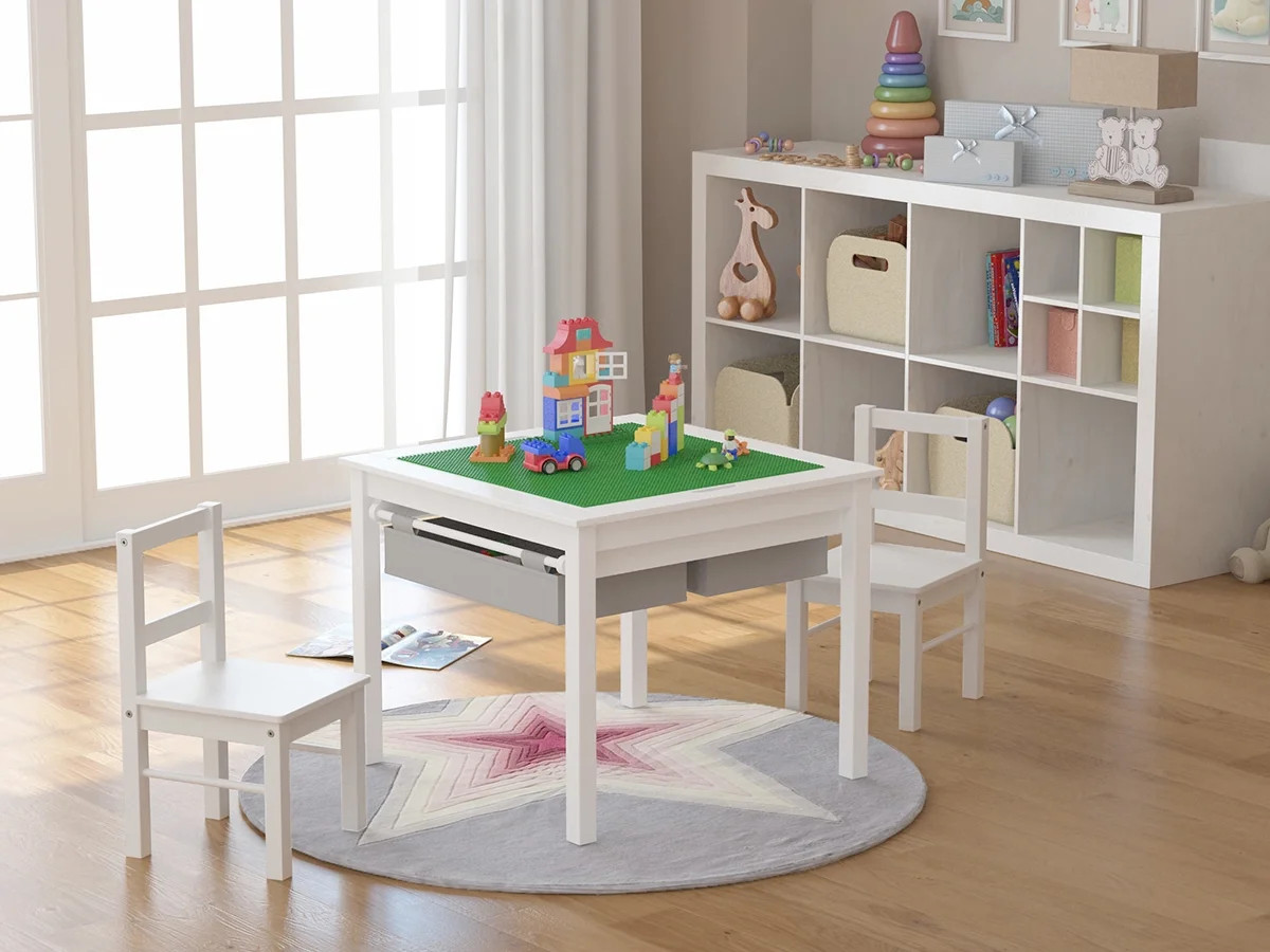 UTEX Wooden 2 In 1 Kids Construction Play Table and 2 Chairs Set with Storage Drawers and Built i... | Walmart (US)