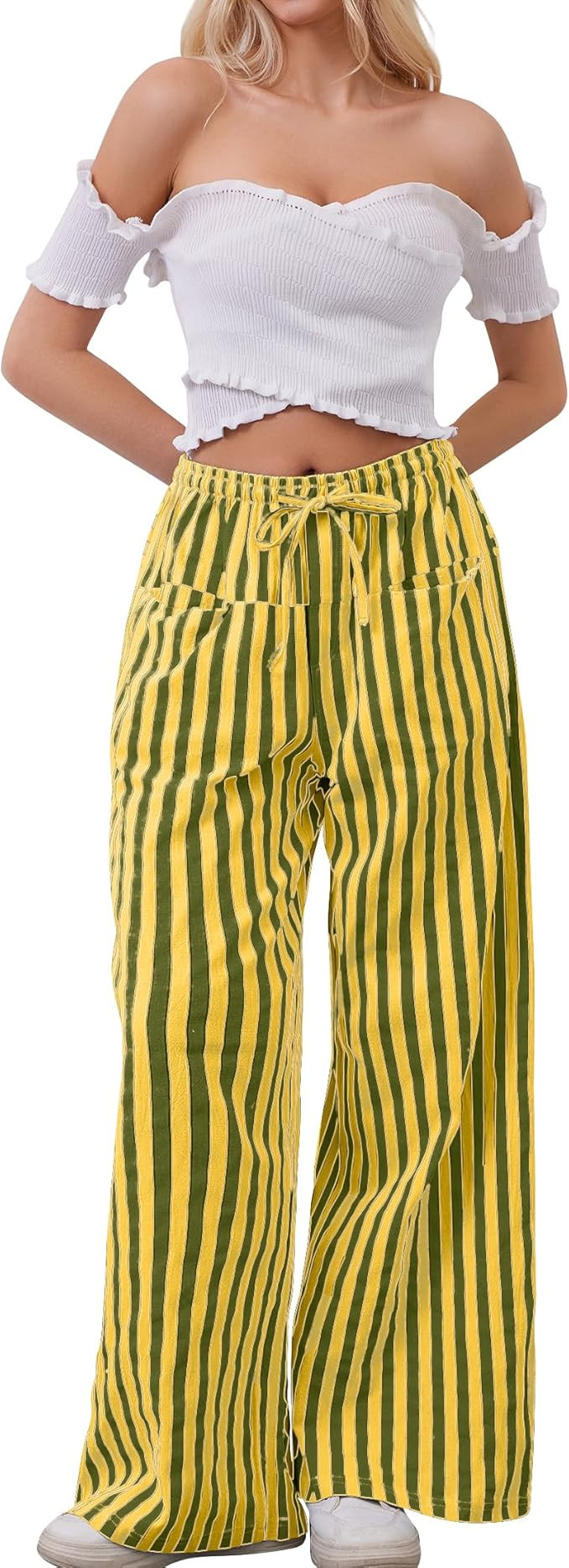 Women Drawstring Stripe Wide Leg Casual Trousers Striped Low Rise Casual Loose Lounge Pants with ... | Amazon (US)