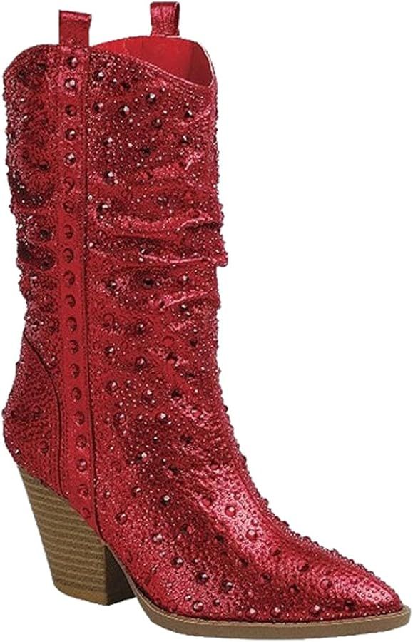 Forever Link Women's Rhinestone Cowboy Boots Western Mid Calf Boots | Amazon (US)