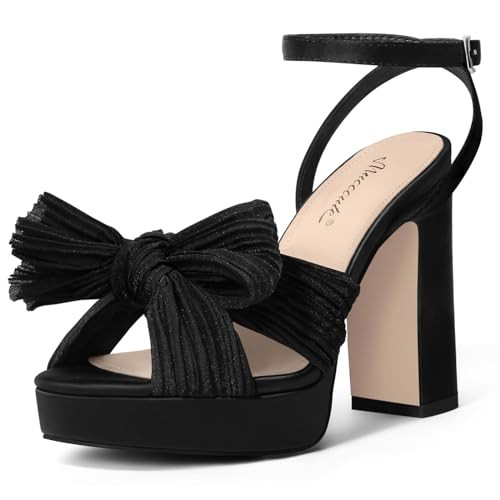 MUCCCUTE Black Chunky Heels for Women Platform Bow Heels Ankle Strap Open-Toe Heeled Sandals Wedding Party Dressy Heels Size 9.5 | Amazon (US)