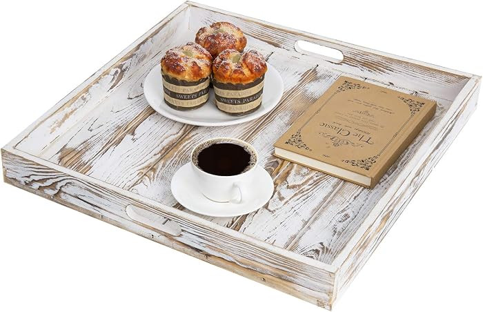 MyGift Whitewashed Wood Large Serving Tray with Handles, 19 Inch Square Decorative Tray for Ottom... | Amazon (US)