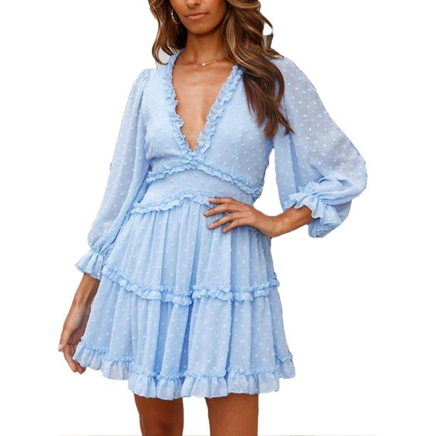 Dokotoo Womens Sky Blue V Neck Mini Dress Casual Swiss Dot Swing Sundress Size Large US 12-14 | Walmart (US)