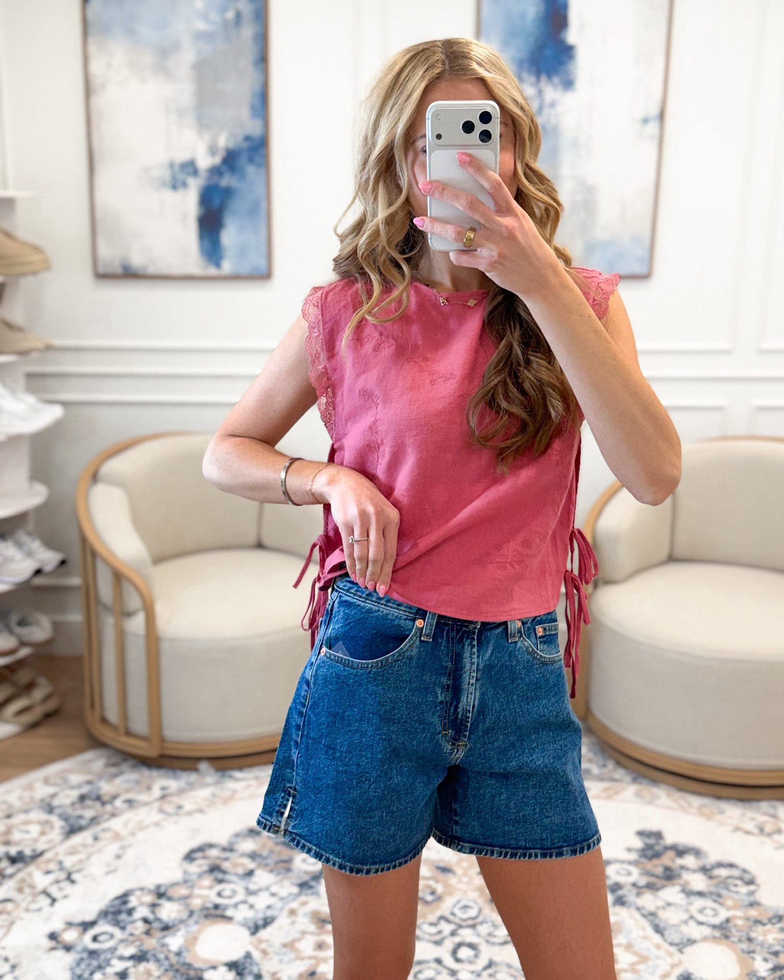 New at @Target! This pink lace ruffle sleeve top from Target is the kind of casual chic piece your spring wardrobe needs — feminine details, side tie, and so easy to style. Paired with dark wash denim shorts for the perfect everyday look. Both from Target 