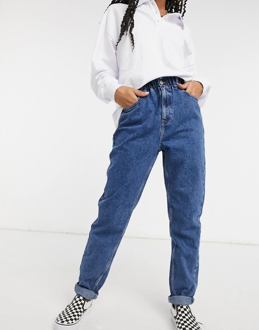 New Look paperbag waist jean in mid blue-Blues | ASOS (Global)