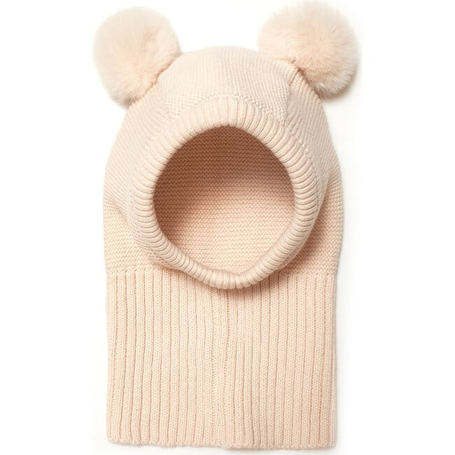 HutteliHut | Cotton Knit 2-Faux Fur Pom Poms Balaclava, Off White (Cream, Size 12-24M) | Maisonette | Maisonette