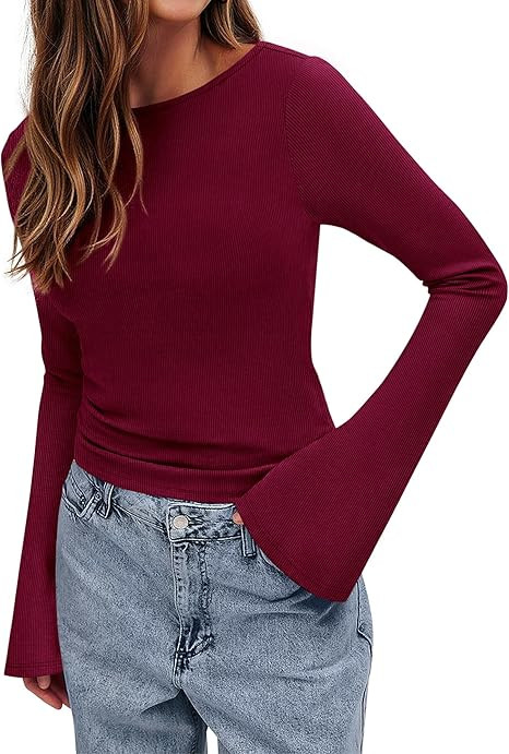 BTFBM Long Sleeve Shirts for Women 2025 Fall Y2K Clothes Casual Solid Color Boat Neck Bell Sleeve... | Amazon (US)