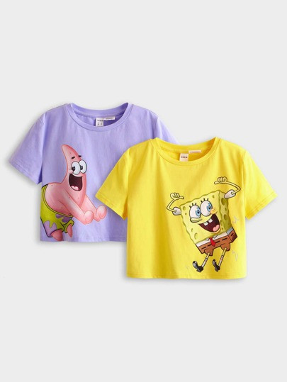 SHEIN X SpongeBob Girls 2 Pack Cartoon Graphic Tee | SHEIN