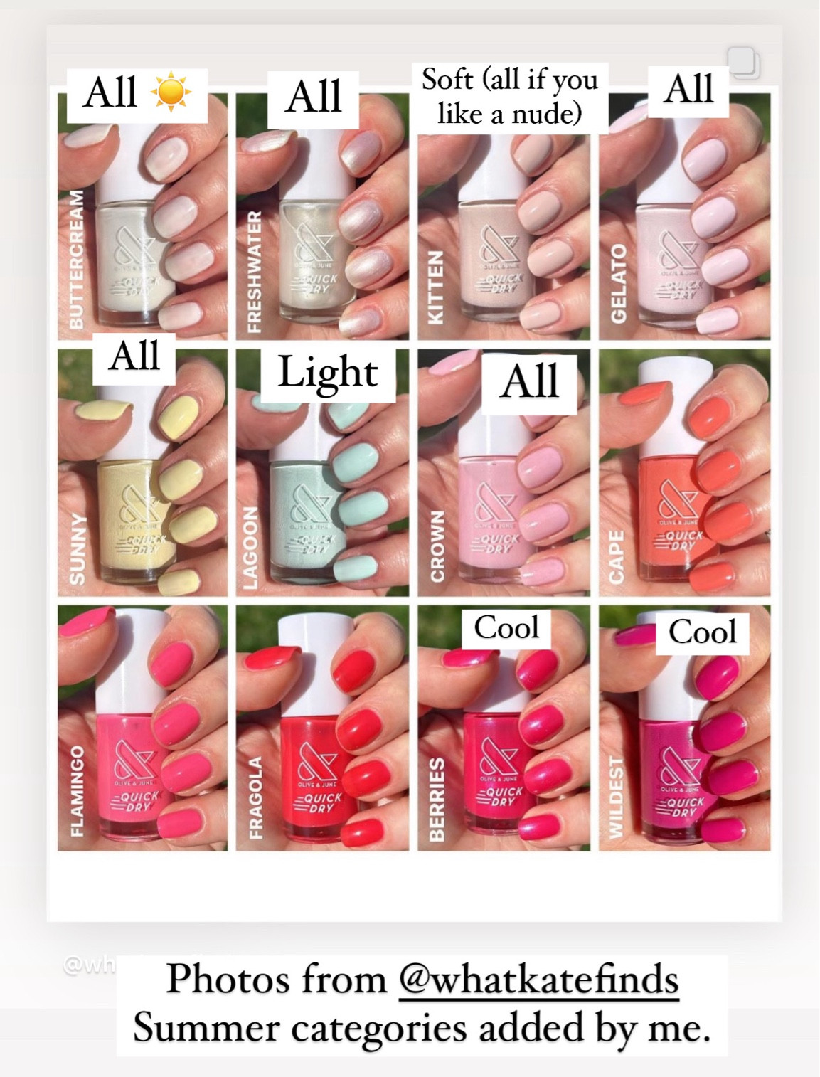 Olive and June summer quick dry shades. Lots of good summer colors! 

#hocsummer #coolsummer #lightsummer #softsummer #pastelsummer #darksummer #brownsummer #sweetpeasummer #summerpalette #summerfinds

#LTKbeauty #LTKstyletip #LTKSeasonal