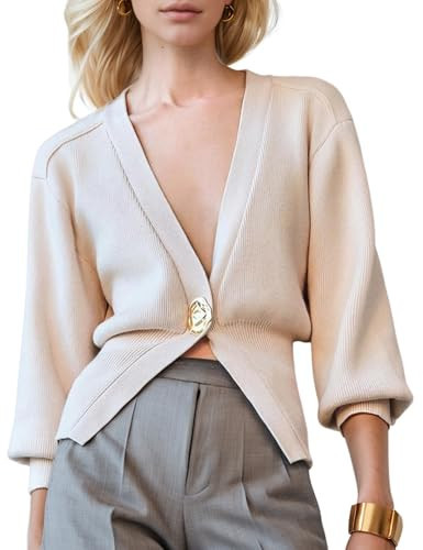 VDWIP Women Knitted Cardigan Sweater One Leaf Gold Button Down Cardigans Long Sleeve V-Neck Cropped Cardigan Outwear(Beige-S) | Amazon (US)