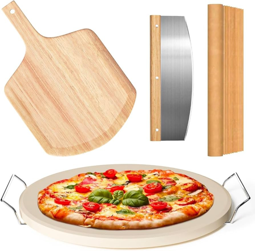 5 PCS Round Pizza Stone Set, 13" Pizza Stone for Oven and Grill with Pizza Peel(OAK),Serving Rack... | Amazon (US)
