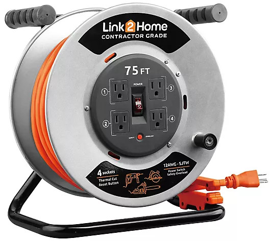 Link2Home 75' Contractor-Grade Extension Cord Reel w/4 Outlet - QVC.com | QVC