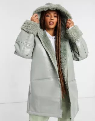 ASOS DESIGN Leather look parka with teddy fleece lining in sage | ASOS (Global)