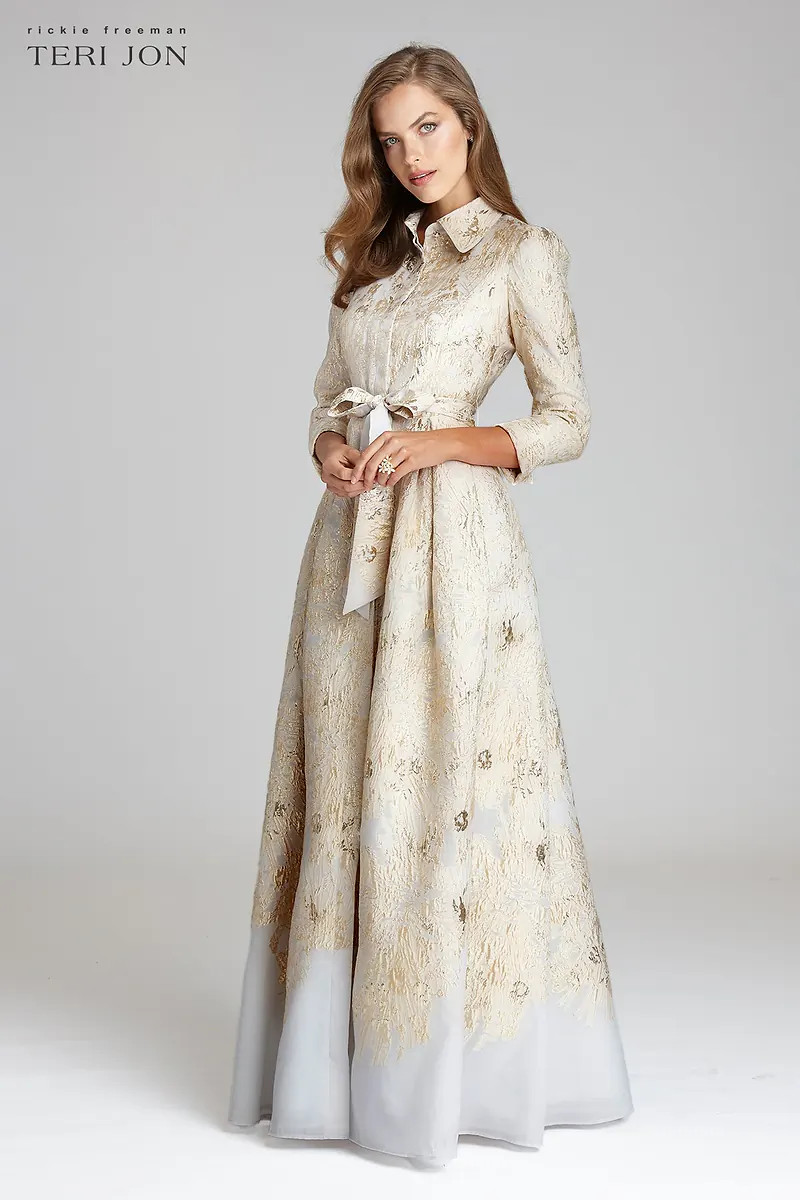 Metallic Shirt Waist Organza Gown | TERI JON