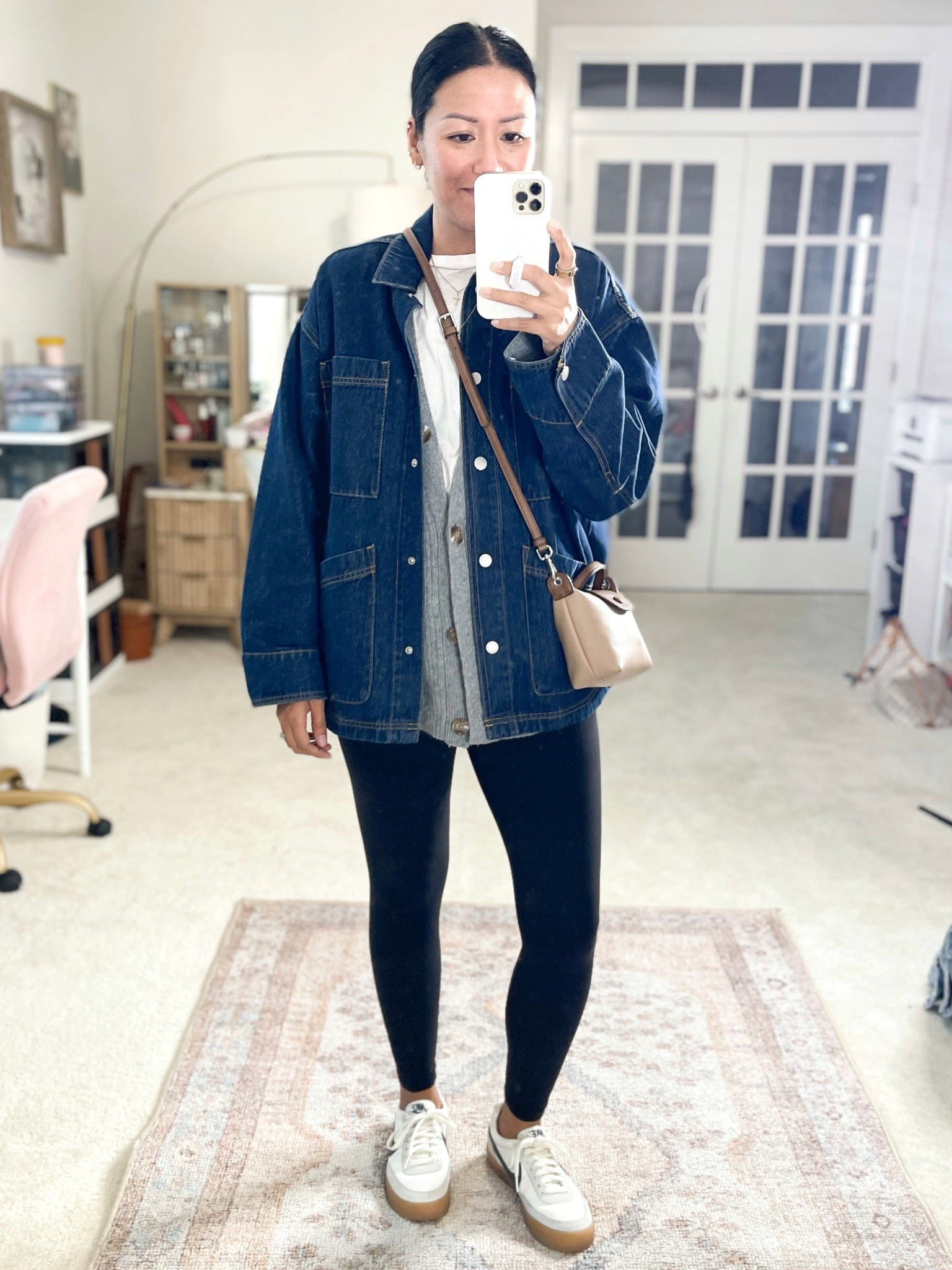 Size XS jacket, tshirt & cardigan
Size small leggings
Sneakers are true to size

Mongolian cashmere
Oversized denim jacket 

#LTKOver40 #LTKSaleAlert #LTKSeasonal