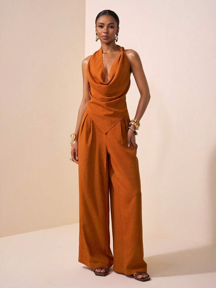 Zivah New 2025 Spring/Summer Music Festival, Easter, St. Patrick's Day, Western, Nomadic, Birthday Party, Graduation, College Style, Student, Daily Wear, Casual, Vacation, Cruise Travel, Beach, Sun Exposure, Viral , Streetwear, Wedding Guest Boho, Commute, Brunch, Airport Outfit, Asymmetric Tie Knot Design Brown Textured Crop Top & Wide Leg Linen Pants 2-Piece Set | SHEIN