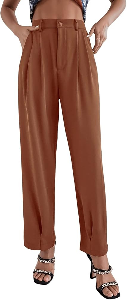 SweatyRocks Women's Casual High Waist Fold Pleated Straight Leg Trousers Work Pants with Pocket | Amazon (US)