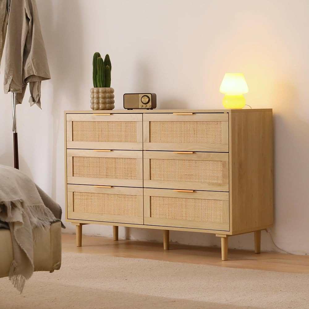 Rattan Dresser for Bedroom, Modern 6 Drawer Double Dresser with Gold Handles, Wood Storage Chest ... | Amazon (US)