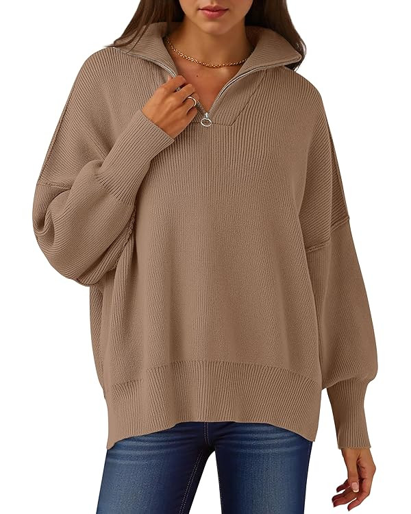 ANRABESS Women's Oversized Fashion Long Sleeve Quarter Zip Baggy Loose Slouchy Sweater Pullover T... | Amazon (US)