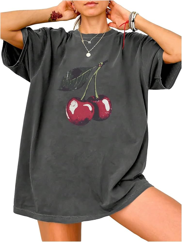 RoseSeek Women's Cherry Graphic Tees Top Crewneck Short Sleeve Baggy T Shirt | Amazon (US)