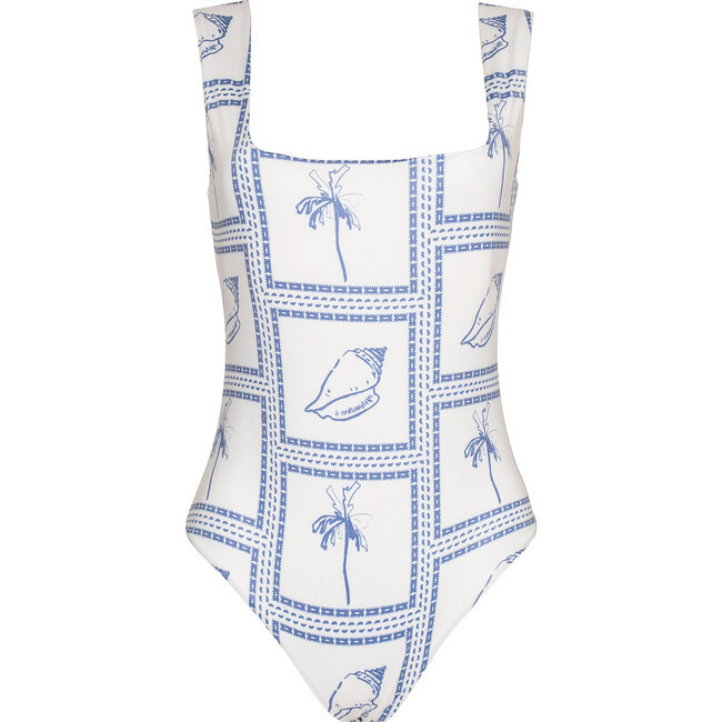 Women's Seamless Open Back One-Piece Swimsuit, White & Blue | Maisonette