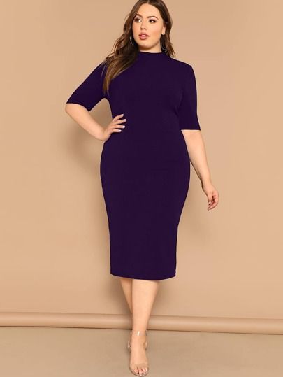 SHEIN Plus Mock-neck Solid Pencil Dress | SHEIN