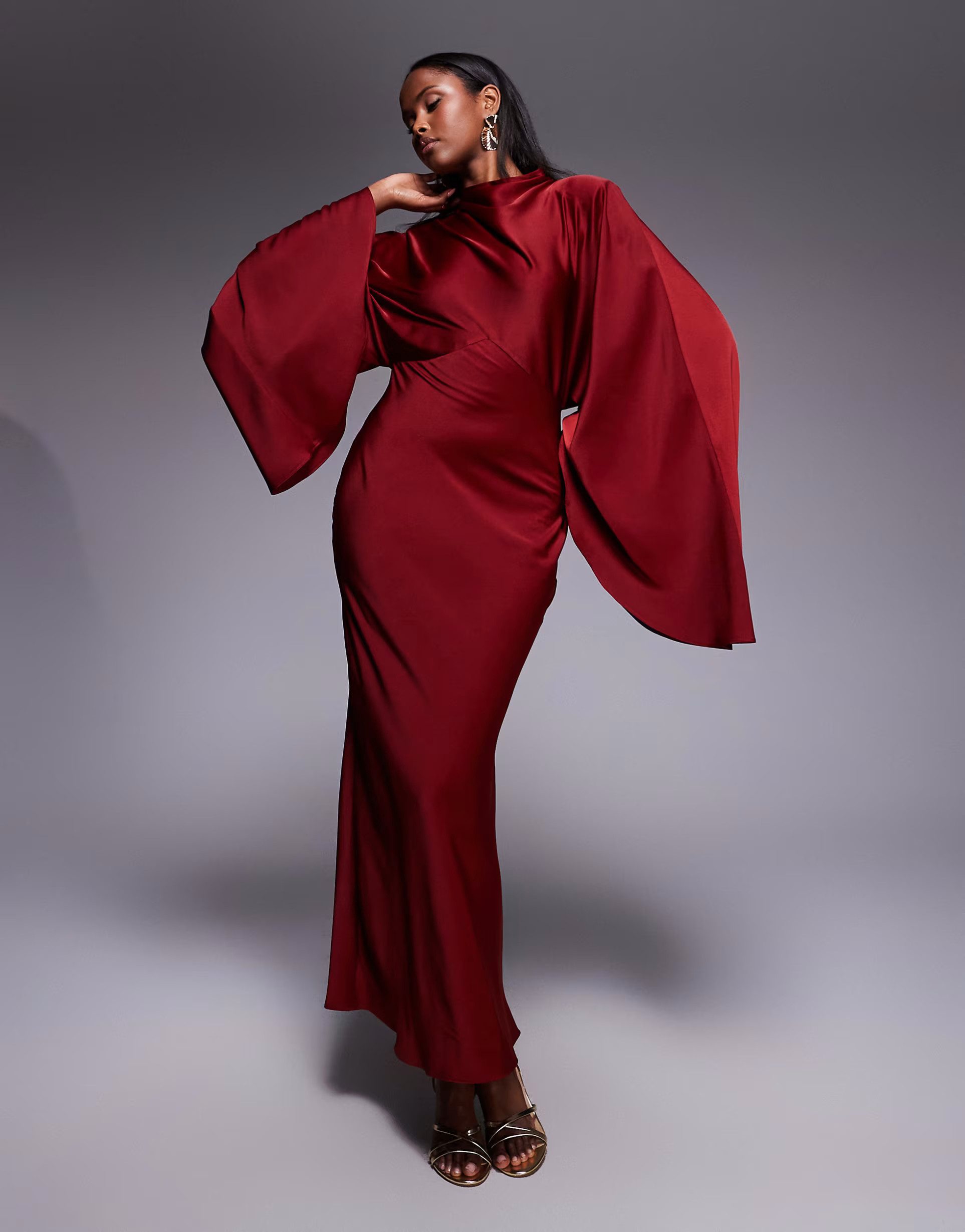 ASOS DESIGN funnel neck satin maxi dress with exaggerated sleeves in red | ASOS (Global)