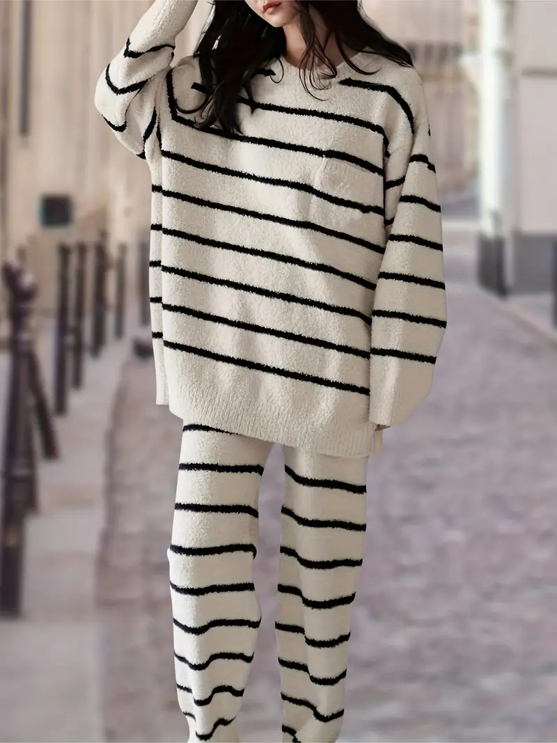 Striped Pattern Casual Two piece Set Crew Neck Long Sleeve - Temu | Temu Affiliate Program