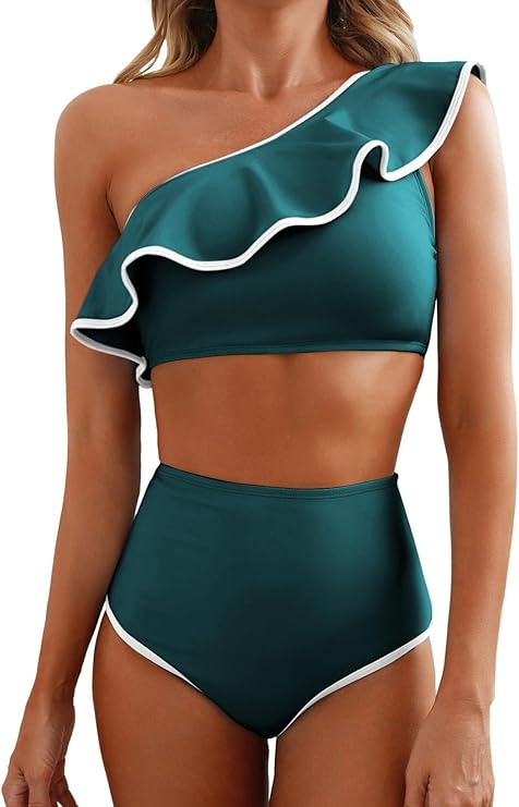 Herseas Women's One Shoulder Bikini Sets Color Block Trim Ruffle Hem Swimsuits Elegant Bathing Su... | Amazon (US)