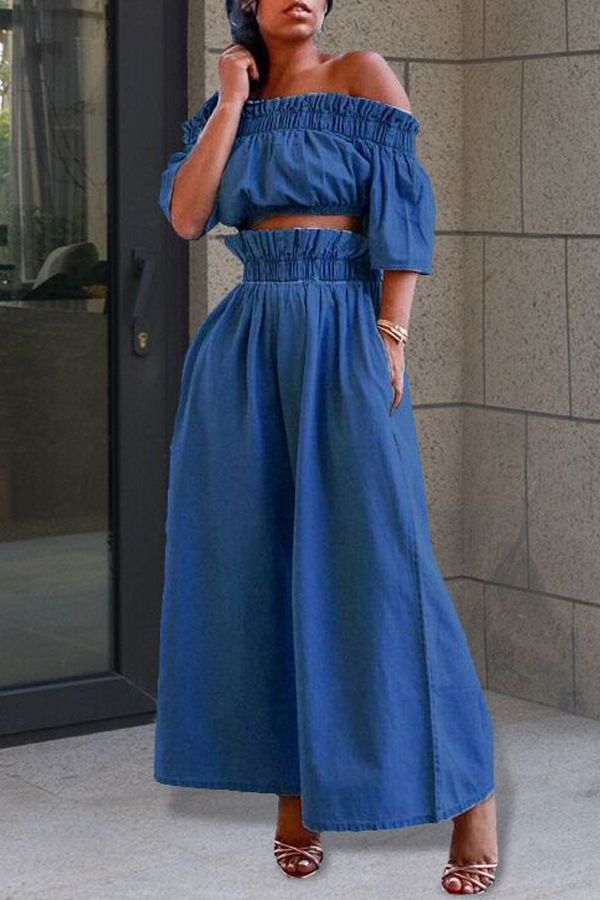 Lovely Casual Off The Shoulder Ruffle Design Blue Two-piece Pants Set    
                   ... | LovelyWholesale