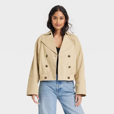 Women's Long Sleeve Trench Coat - Universal Thread™ Tan L: Heavyweight Twill, Drawstring Waist, Button Closure | Target