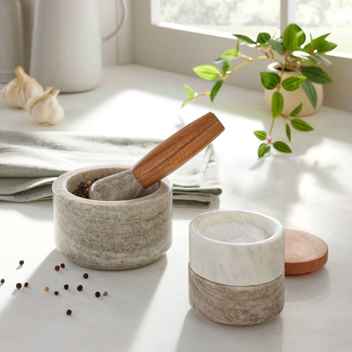 3pc Marble & Wood Salt and Pepper Cellar Set White/Warm Gray - Hearth & Hand™ with Magnolia | Target