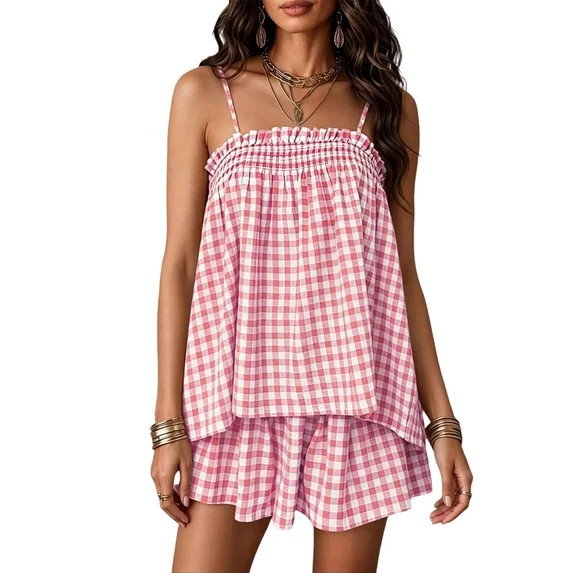 Moxiu Womens Two Piece Shorts Sets Spring Casual Summer Sleeveless Plaid Ruffle Spaghetti Strap C... | Walmart (US)