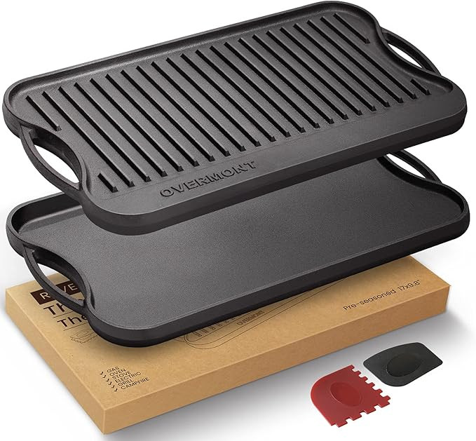 Overmont Reversible Cast Iron Grill Griddle Pan, Pre-Seasoned 17 x 9.8 Inch Dual-Sided Griddle Do... | Amazon (US)