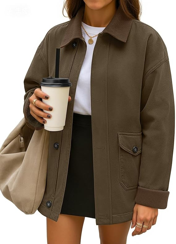 ZESICA Women's Trendy Lightweight Oversized Barn Jackets 2025 fall Fashion Contrast Collar Zip Up... | Amazon (US)