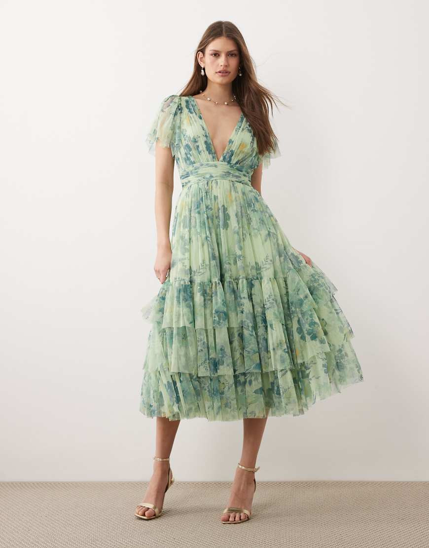 Lace & Beads Madison midi dress in sage green print | ASOS (Global)