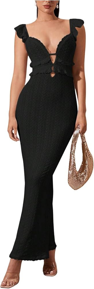 SOLY HUX Women's Maxi Dress Crochet Ruffle Sleeveless Backless Bodycon Long Dresses | Amazon (US)