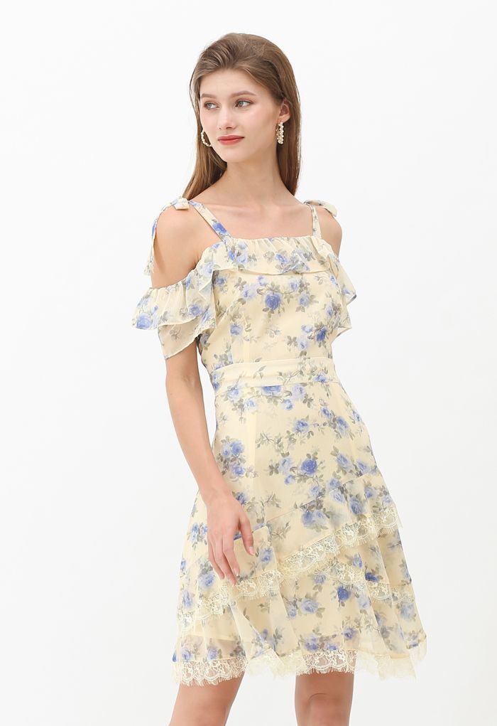 Cold-Shoulder Floral Ruffle Chiffon Midi Dress | Chicwish