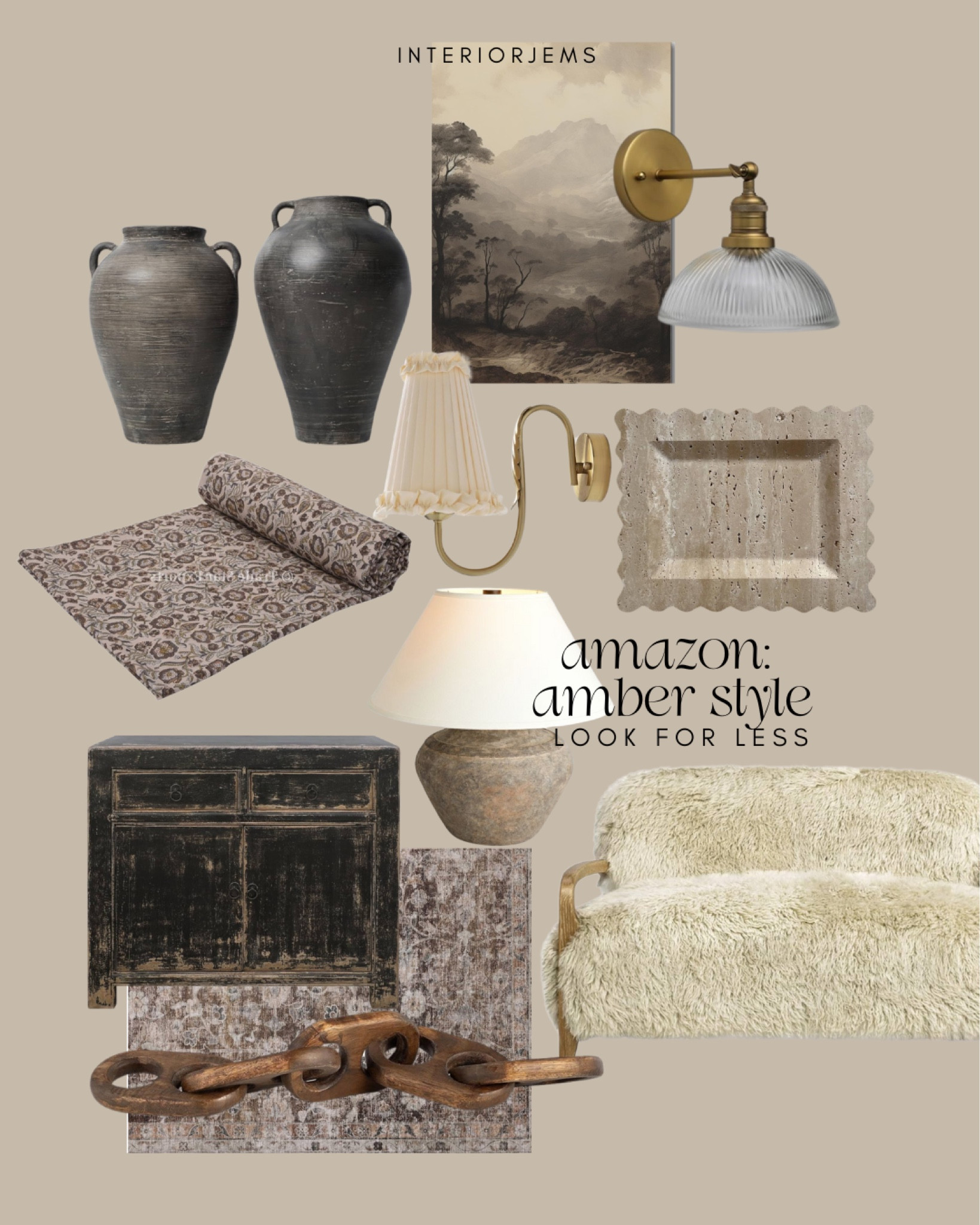 Amazon look for less Amber interior style, table base, rustic cabinets, black cabinet, designer, table, lamp, moody, art, scalloped tray, travertine tray, cozy, furniture, black, print fabric, area rug

#LTKSaleAlert #LTKStyleTip #LTKHome