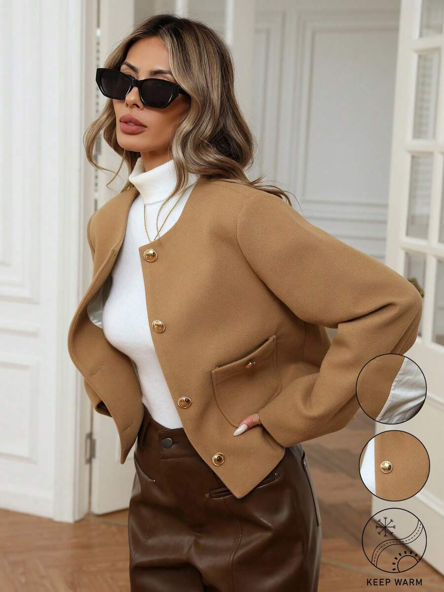 SHEIN Privé Minimalist Elegant Loose Fit Short Jacket With Large Pockets And Metal Decorative Bu... | SHEIN