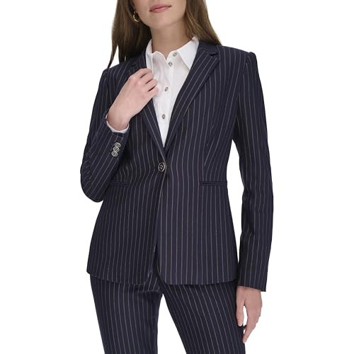 Tommy Hilfiger Womens Pinstripe Puff Sleeve Blazer, Midnight/Tobacco, 0 | Amazon (US)